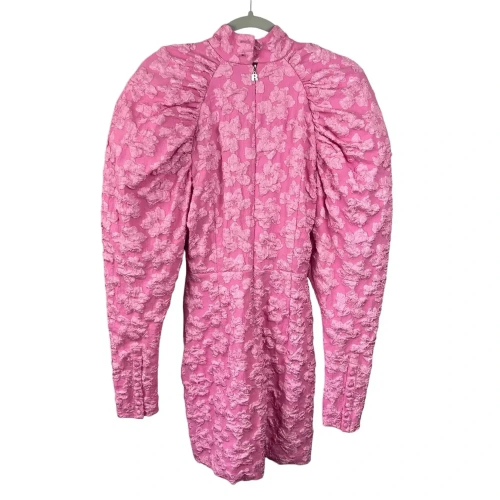 Textured Pink Puff-Sleeve Mini Dress - Picture 4 of 16